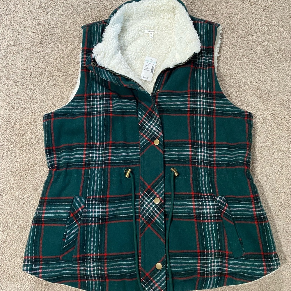 Maurices Green and Red Plaid Kids Vest with Sherpa Lining